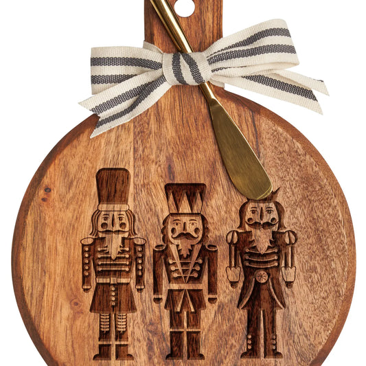 Nutcracker Christmas Themed Beveled Acacia Wood Cheese Board with Condiment Spreader